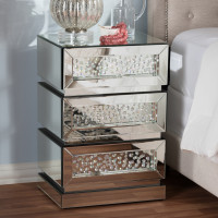 Baxton Studio RS2572 Sabrina Hollywood Regency Glamour Style Mirrored 3-Drawer Nightstand